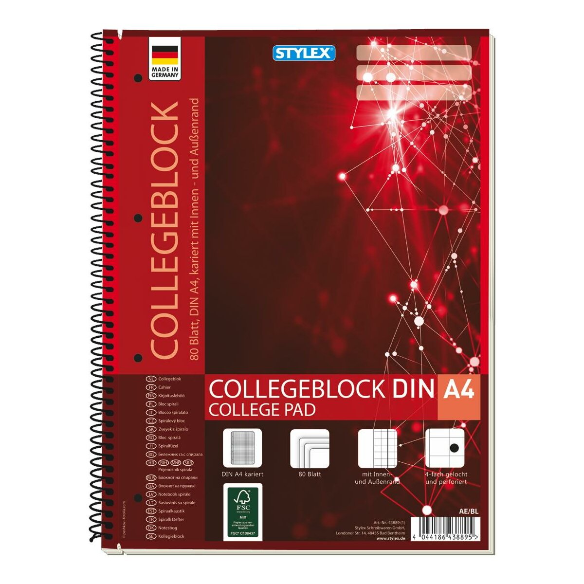 Spiralblock Collegeblock 80 Blatt kariert DIN A4 gelocht mit Rand perforiert 