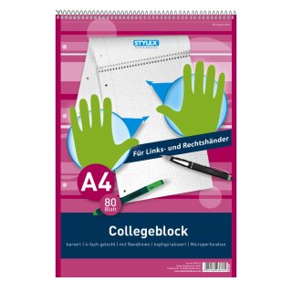 Collegeblock DIN A4 kariert, 80 Blatt, für Links- & Rechtshänder