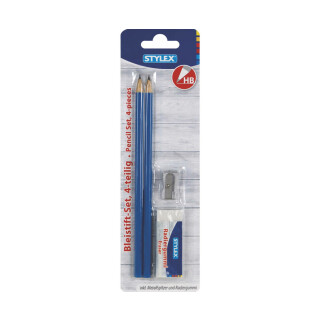 STYLEX Bleistift-Set 4 teilig Anspitzer, Radierer, 2x Bleistifte Blau