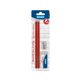 STYLEX Bleistift-Set 4 teilig Anspitzer, Radierer, 2x Bleistifte Rot