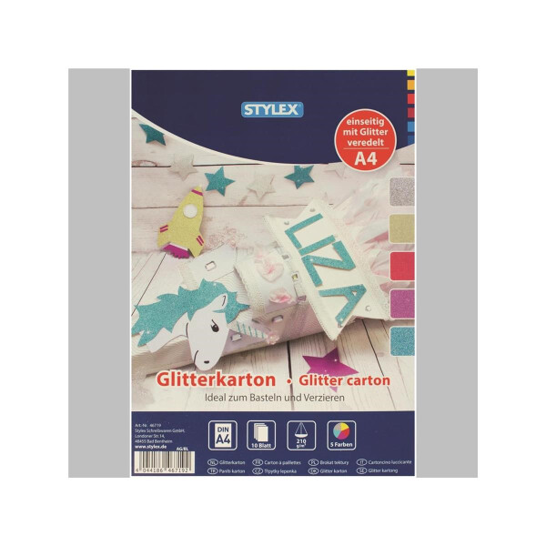 STYLEX Glitzerkarton 10 Blatt A4 in 5 Farben